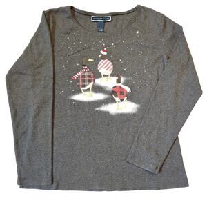 Karen Scott Gray Winter Goose Bejeweled Crew Neck Lightweight Sweater Size M